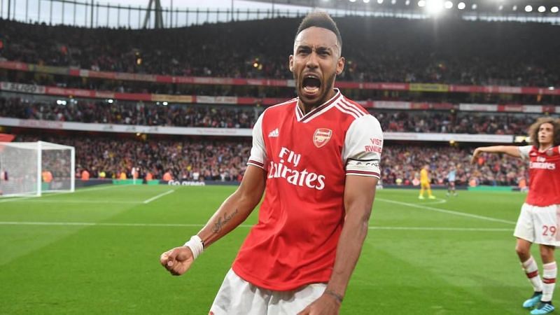 Pierre-Emerick Aubameyang celebrates his late winner against Aston Villa.